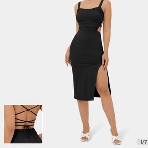Ruched Split Backless Crisscross Lace Up Bodycon Midi Casual Dress